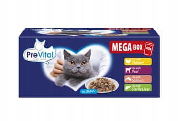 PreVital PREVITAL Mega Box - Mokra hrana za mačke (govedina, losos, jetra, piščanec), 40x100g