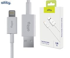 Allity AUC-03 kabel, USB-A na Lightning, 60W, 2.4A, 1m, univerzalni, TPU/TPE, +Velcro trak, bel
