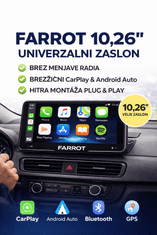 Farrot FARROT 10,26" univerzalni avto zaslon z brezžičnim Apple CarPlay in Android Auto, Bluetooth 5.0, podpora kameri