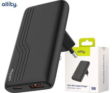 Allity ATC-02 GaN polnilec, 65W, 1x USB-C, 1x USB-A, PD, QC, univerzalni, črn