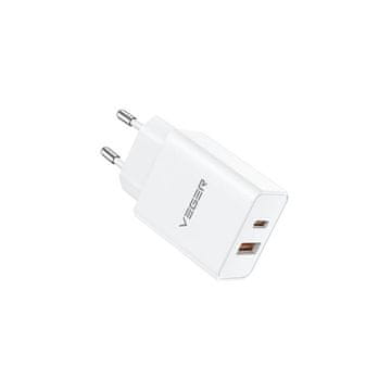 VEGER VLS302U 2-portni polnilec, USB-A/USB-C, QC3.0/PD3.0, bel