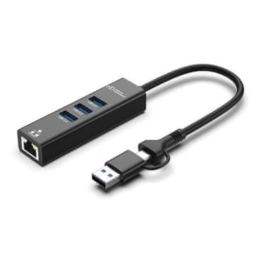 MicroConnect Premium adapter USB-A/C do 3x USB-A 3.0 in 1x RJ45, 0,15m