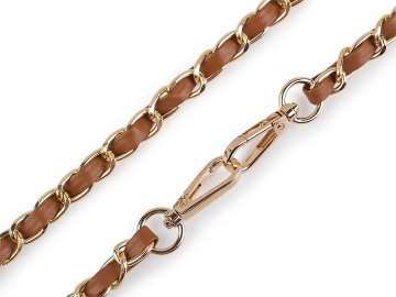 Trak / ročaj iz usnja z verižico in karabinkami, za torbice in mobilne telefone, širine 2 cm - rjava, konjakasto zlata