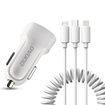 DUDAO Dudao avtomobilski komplet polnilnika 2x USB 2.4A + kabel USB 3v1 Lightning / Tip C / micro USB bel (R7 white)