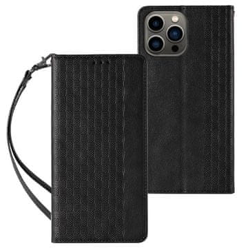 HURTEL Ovitek Magnet Strap Case za iPhone 14 Plus, ovitek z zavihkom, denarnica, mini vrvica, stojalo, črn