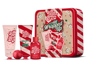 Mini darilni set za nego telesa v pločevinasti škatlici Božični bonboni, kakav in vanilija 4 kosi