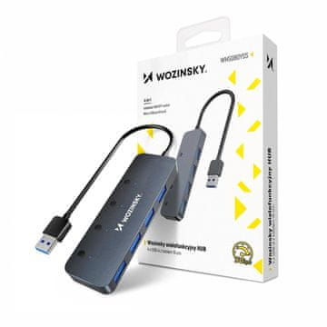 WOZINSKY Hub USB-A Wozinsky WHS080YSS 4 x USB-A 3.0 z individualnimi stikali, aluminijast, s kablom 15 cm - siv