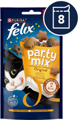 Felix Party Mix priboljški za mačke z okusom piščanca, jeter in purana, 8x60g