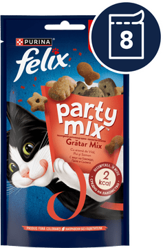 Felix Party Mix priboljški za mačke z okusom govedine, piščanca in lososa, 8x60g