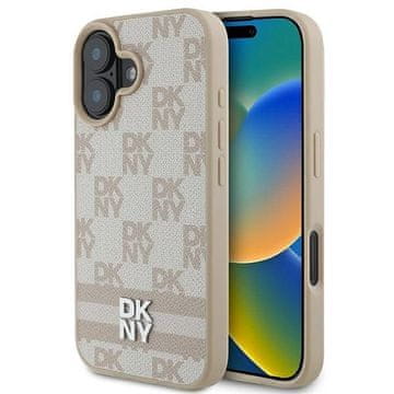 slomart Etui DKNY s karirastim vzorcem in potiskanimi črtami za iPhone 16 - roza