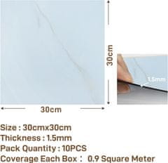 Nikcorp Samolepilne vinilne plošče 10 kosov 30x30 cm beli marmor, talna obloga 0,9 m², vodoodporne PVC plošče, debelina 1,5 mm