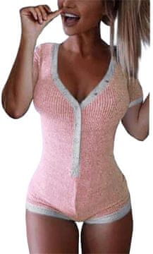 Nikcorp Ženski bodi s kratkimi rokavi, V-izrezom in gumbi, rebrast material, oprijet kroj, velikost M, rožnato-sive barve