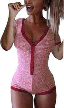 Nikcorp Ženski bodi s kratkimi rokavi, globok V-izrez, rebrast in elastičen material, eleganten oprijet kroj, rožnato-rdeč, L