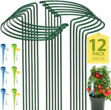 Nikcorp Kovinske opore za rastline, polkrožne, 40 x 25 cm, 12 kosov, s 6 sistemi za samodejno namakanje, zelene, jeklene, za vrt in lončnice