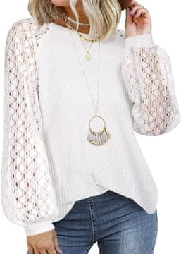 Nikcorp Ženski pulover bluza z dolgimi rokavi, čipkastimi detajli in vafljevo strukturo, okrogel izrez, bela, XL