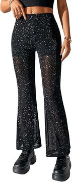 Nikcorp Ženske party hlače, bleščeče in prosojne, črne barve, visok pas, elastičen material, velikost M, za večerne priložnosti