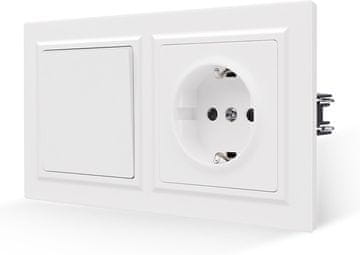 Nikcorp Vtičnica s stikalom v dvojnem okvirju, bela PC plastika, ognjevarna in gladka površina, 157x86 mm, montaža z vijaki ali kremplji