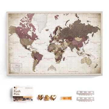 Nikcorp Zemljevid sveta na platnu s pluto, stenska tabla za bučke, nemški napisi, vključene bučke za označevanje, 90 x 60 cm