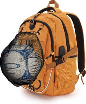 Nikcorp Otroški športni nahrbtnik z mrežo za žogo in čelado, predal za 15,6 prenosnik, USB priključek, 20L, Oxford tkanina, oranžen
