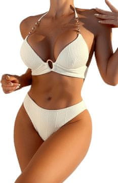 Nikcorp Ženske dvodelne kopalke bikini s push-up učinkom, bež barva s kristali in verižicami, nastavljivo zavezovanje, velikost M