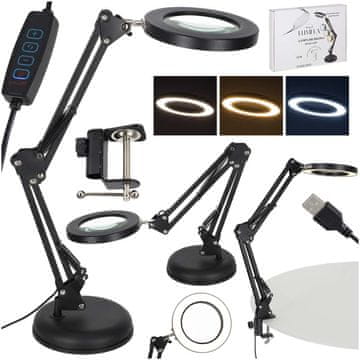 WOWO Namizna LED svetilka z lupo 3× nastavljiva roka USB