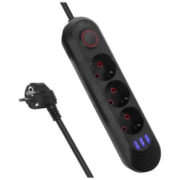 Maclean Maclean podaljšek z vtičnicami, podaljševalni kabel s 3 vtičnicami + 3xUSB, 110-240V AC 50/60Hz, 2.1A max 2500W, 1.5m, črn, MCE394 B