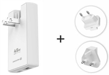 Swissten potovalni adapter GaN USB-C + USB-A 45w zamenljiva vilica (ZDA, EU, Velika Britanija) bela