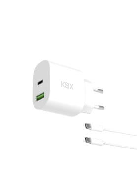 Ksix GaN ultra hitri stenski polnilnik 20W, USB-C + USB-A, 1 m USB-C na USB-C kabel