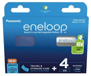 Panasonic Polnilne baterije PANASONIC ENELOOP AA 2000 mAh 4 kosi + ohišje (BK-3MCDE/4CP+CASE)