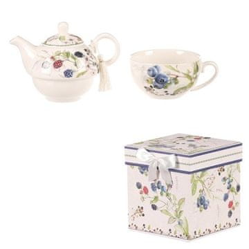Autronic Čajnik s skodelico Teapot with cup - gift set in a box, porcelain, white with berries (POR003-5)
