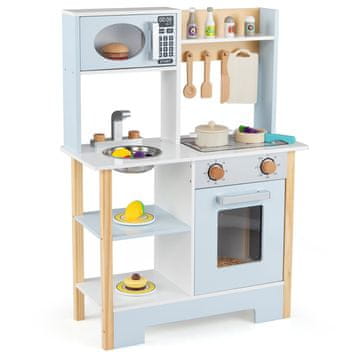Northix Otroška modra igralna kuhinja z mikrovalovno pečico, tablo, 13 dodatki, MDF, masivni les