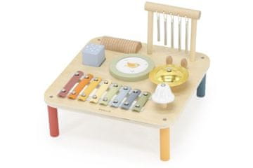 Lesena miza z glasbenimi instrumenti