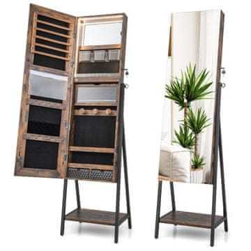 Northix Omarica za nakit z ogledalom in 3-barvno LED osvetlitvijo 41,5 x 37 x 157 cm Rustikalno rjava