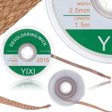 Rosfix Pletenica za Odstranjevanje Spajke – 2,5 Mm X 1,5 M, Baker, s Kalofonskim Premazom | za PCB v BGA