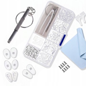 Rosfix Set za Popravilo Očal – 35 Parov Silikonskih Nosnikov, 60 Vijakov, Pinceta, Izvijač | za Kovinske in Plastične Okvirje