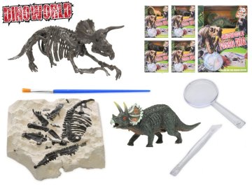 Dinozaver 12 cm in fosil v mavcu z dletom, povečevalnim steklom in čopičem