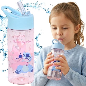Disney DISNEY Stitch Angel Vodna steklenica z ustjem in ročajem, prosojna, s slamico za deklice 420 ml