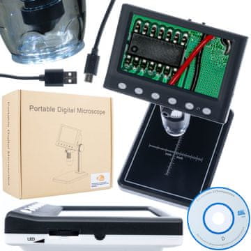 Rosfix Mikroskop DM7-B1 – Digitalni 4,3"" LCD Zaslon, 50–1000X, 8 LED Diod, USB, microSD | 1080P, Fokus 0–3 cm