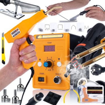 Rosfix Set Spajkalna Postaja 858D + Lutalnik + Spenjač za Plastiko – 700w, 100–500 °C, 200 Sponk | LED, ESD, Kovček