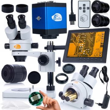 Rosfix Trinokularni Mikroskop Set Mercury Pro – Kamera HDMI/VGA, 8" Zaslon, 7–45X Zoom | C-Nastavek, WF10X/20, Simul-Focal | za Elektroniko, Laboratorije, Izobraževanje