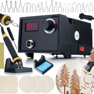Rosfix Set Pirografija Postaja Black Fenix RBB60w – 60w, Zaslon, 20 Konic, 5 Plošč, Goba | za Les, Usnje, Pluta | Nastavljiva Temperatura