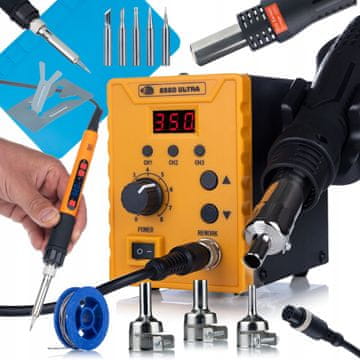 Rosfix Set Spajkalna Postaja 858D Ultra 700w + Spajkalnik 80w + Silikonska Podloga 30X20 cm | 100–500°C, 3 Spomini, 120 l/Min, 3 Šobe, PID Regulacija