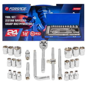 FORSAGE Komplet nasadnih ključev, nastavki z ragljo, 1/2" 8-32 mm, 6-kraki, 24-delni, Forsage