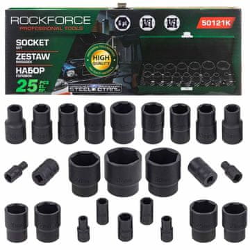 ROCKFORCE Komplet udarnih nastavkov 1/2" 1/4" 4-32 mm, 6-kraki, 25-delni, v kovčku