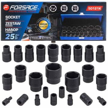 FORSAGE Komplet udarnih nastavkov 1/2" 1/4" 4-32 mm, 6-kraki, 25-delni, v kovčku
