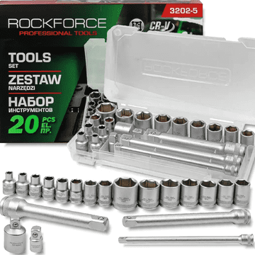 shumee KOMPLET ORODJA ROCKFORCE 3/8" NASTAVKI, 20-delni z adapterji in podaljški