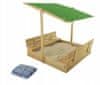 Leseno peskovnik s klopmi, naravno, s streho, 120x120 cm