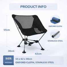 HOME & MARKER® Prenosni zložljiv stol 55×62×30 cm, ergonomski, črn z Oxford blazino | PACKSEAT