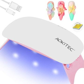 slomart Aokitec Mini UV lučka za gel nohte: Majhna UV lučka LED lučka za nohte Sušilnik za nohte za gel lak Poli Builder gel za nohte, Orodje za utrjevanje v 2 časovnikih z USB za izdelavo nohtov (belo-roza)
