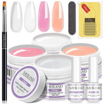 slomart Saviland builder gel za nohte: 4 osnovne barve Builder Nail Gels Set za nohte Prosojno belo Nude roza Gel za utrjevanje nohtov s čopičem 100 kosov kalupov za nohte za umetnike